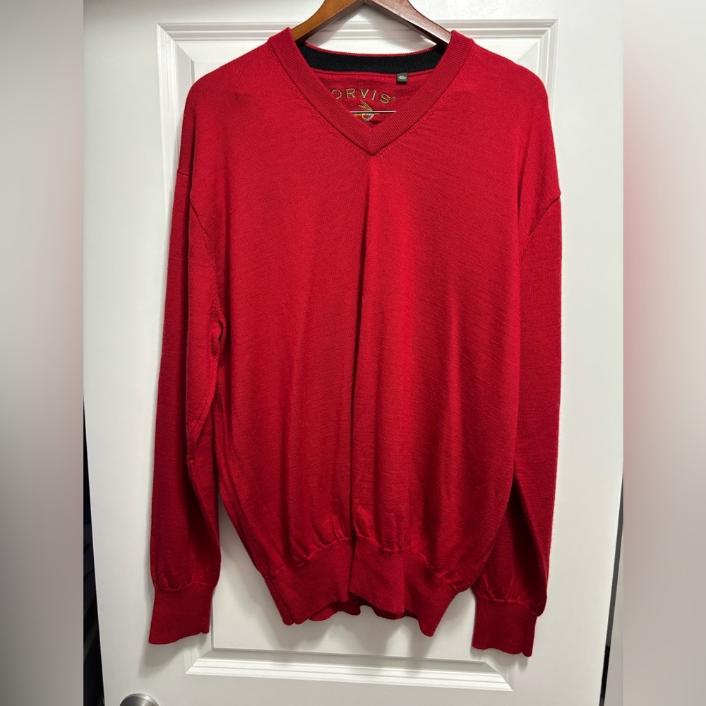 ORVIS V neck, long sleeve, wool red sweater. Sz XXL